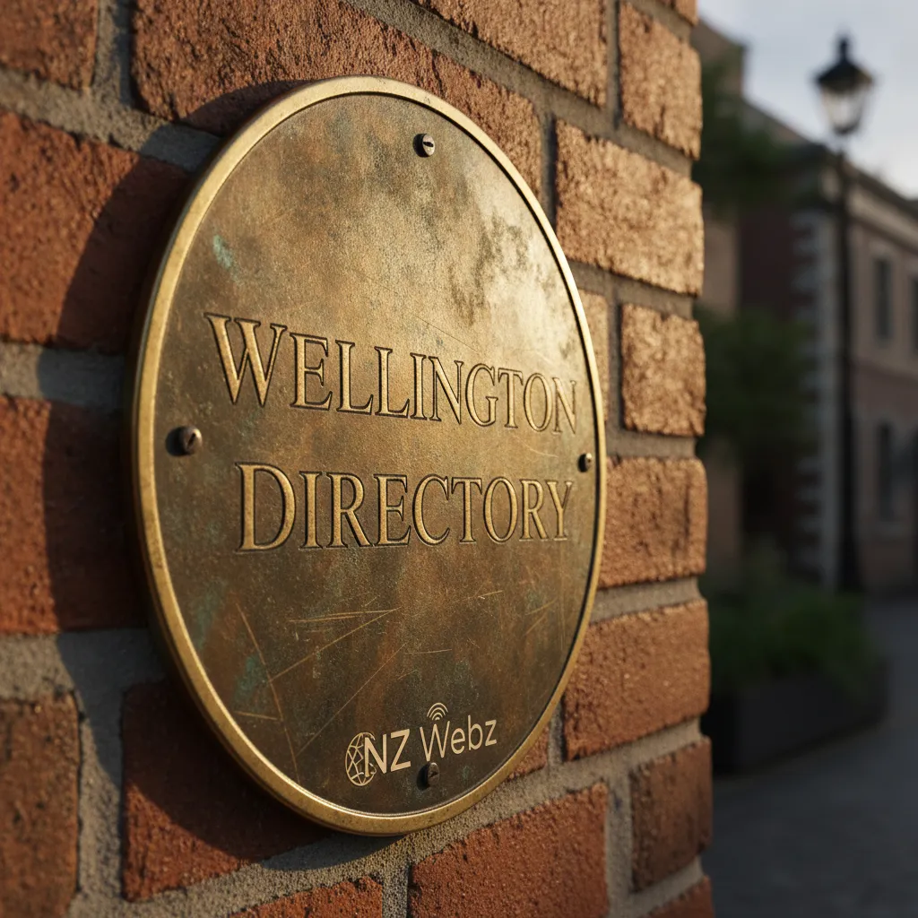 A close-up of a physical business plaque on a brick wall, representing authentic local business presence in Wellington