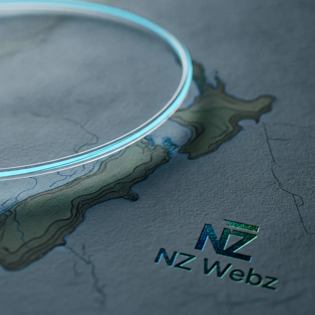A macro shot of a glowing fiber optic cable on a map of New Zealand, representing digital business discovery