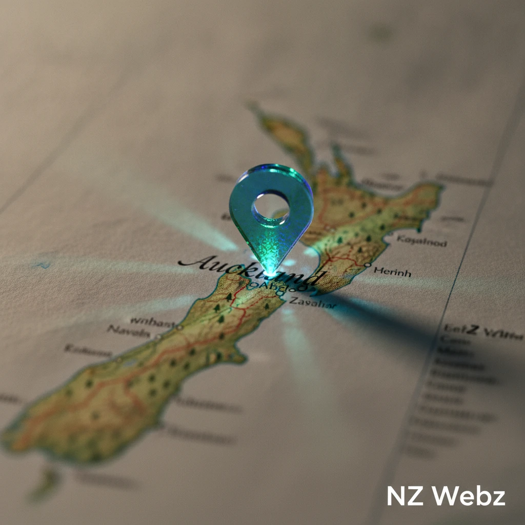 A macro shot of a New Zealand map with a glowing digital location pin