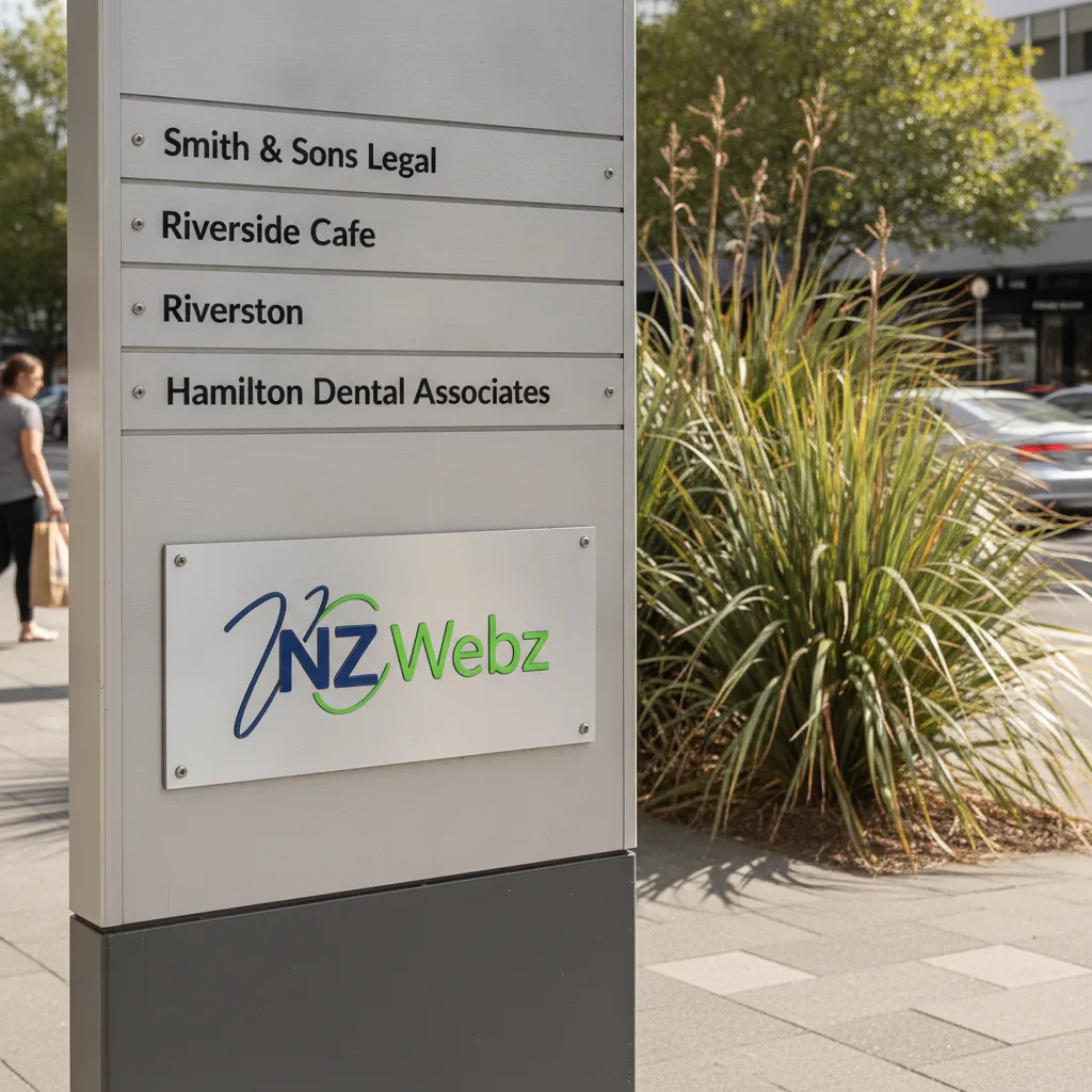 A modern physical business directory signpost located in the Hamilton CBD