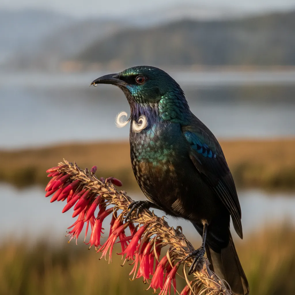 A native New Zealand Tui bird resting on a Harakeke bush near a coastal wetland