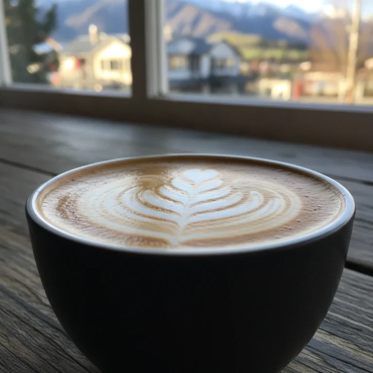 A perfectly poured flat white coffee overlooking the beautiful scenery of Queenstown Town Centre