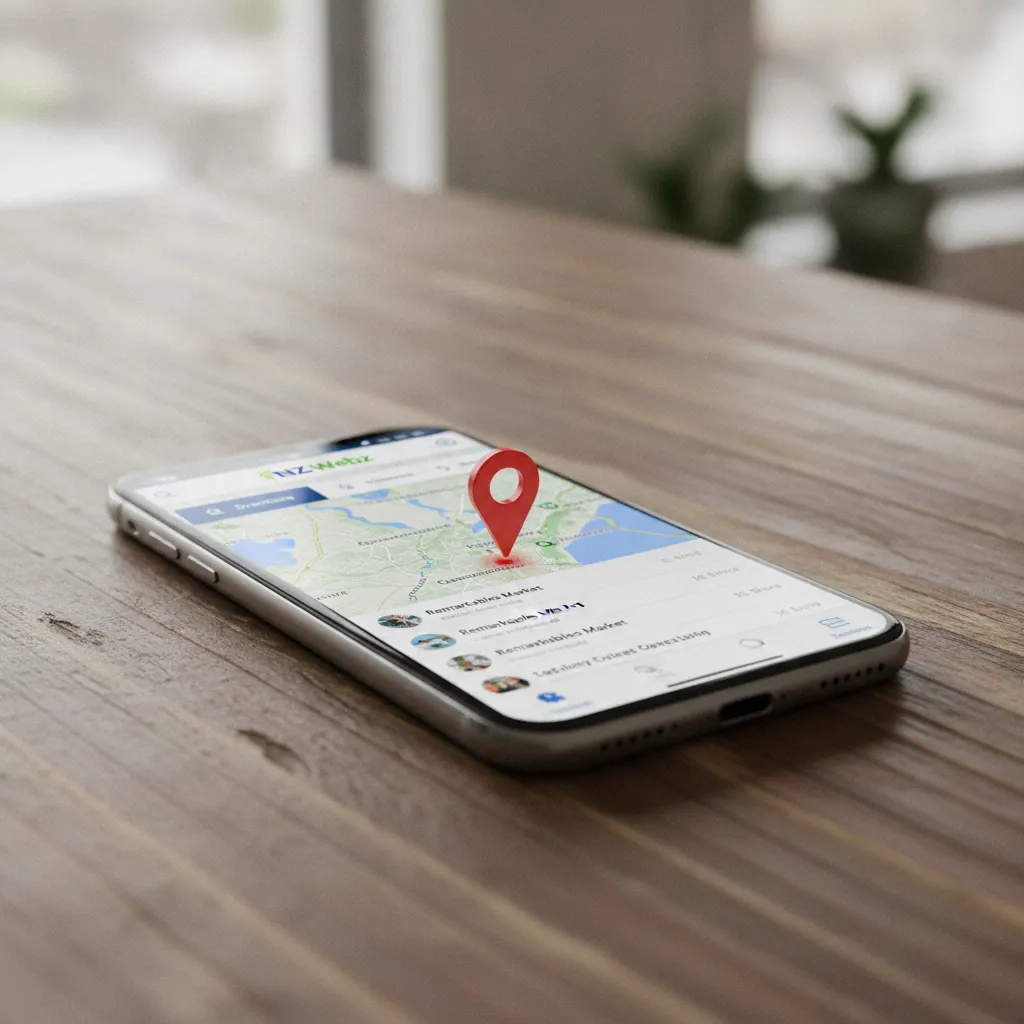 A smartphone displaying a local search map pin, representing essential local visibility for Kiwi businesses
