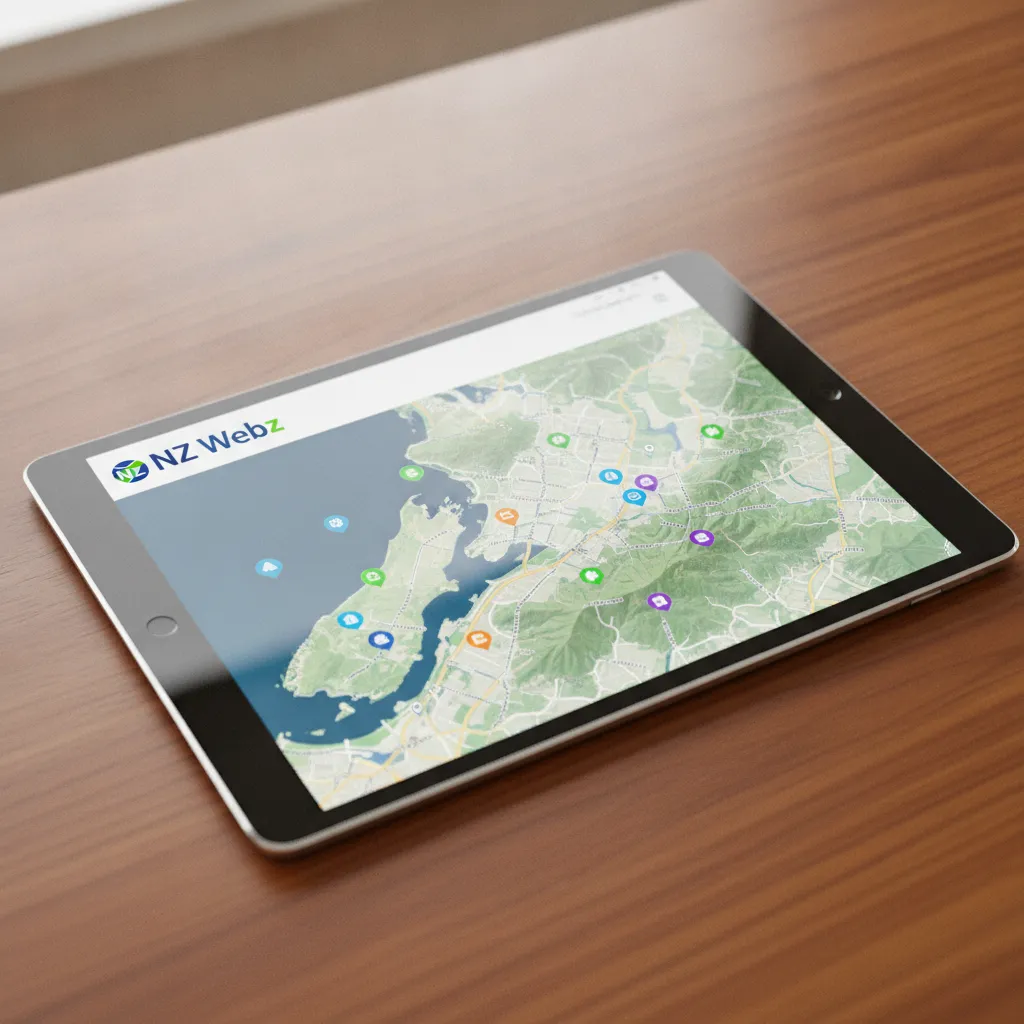 A tablet displaying a digital map of Wellington with glowing local business icons