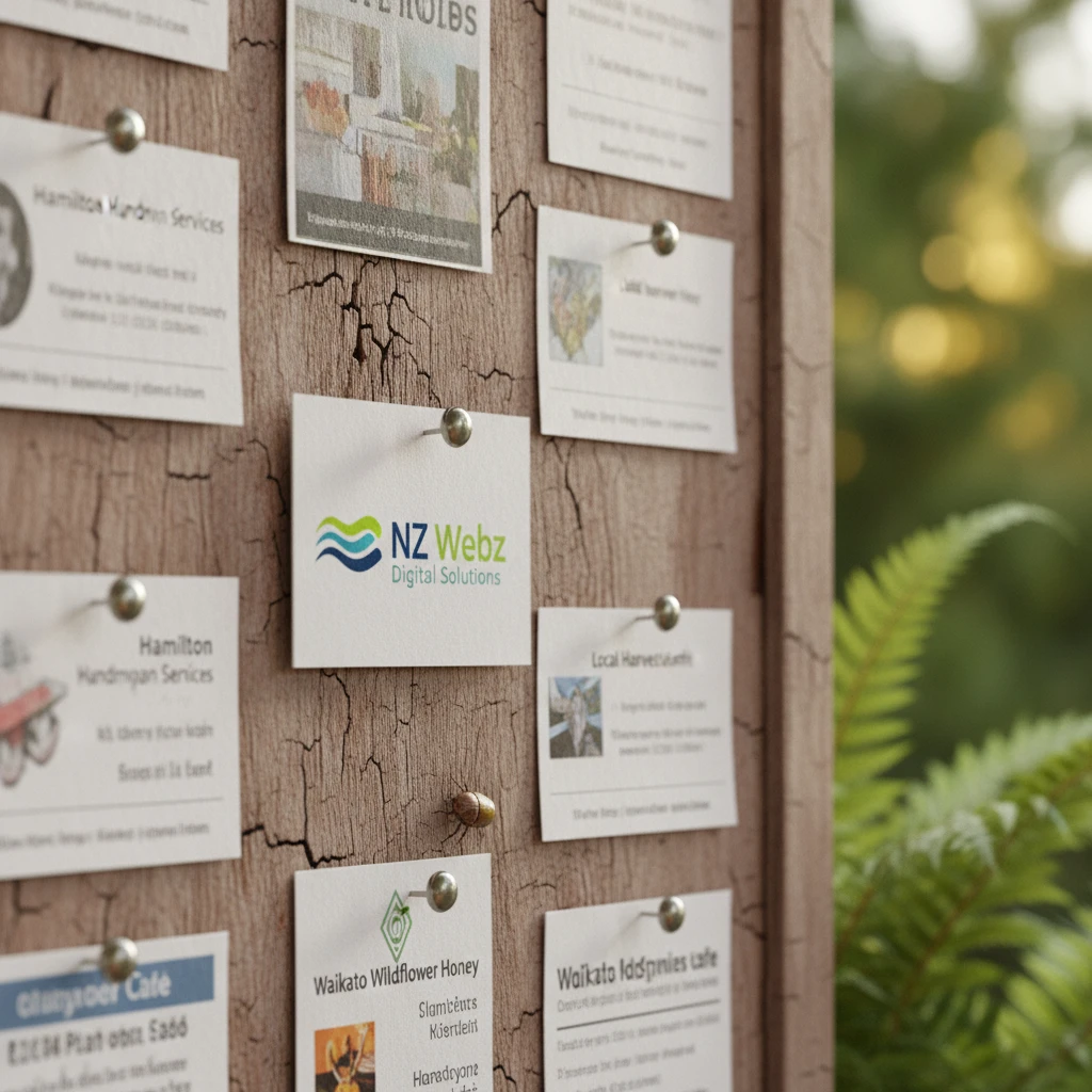 A traditional wooden community business notice board in the Waikato region