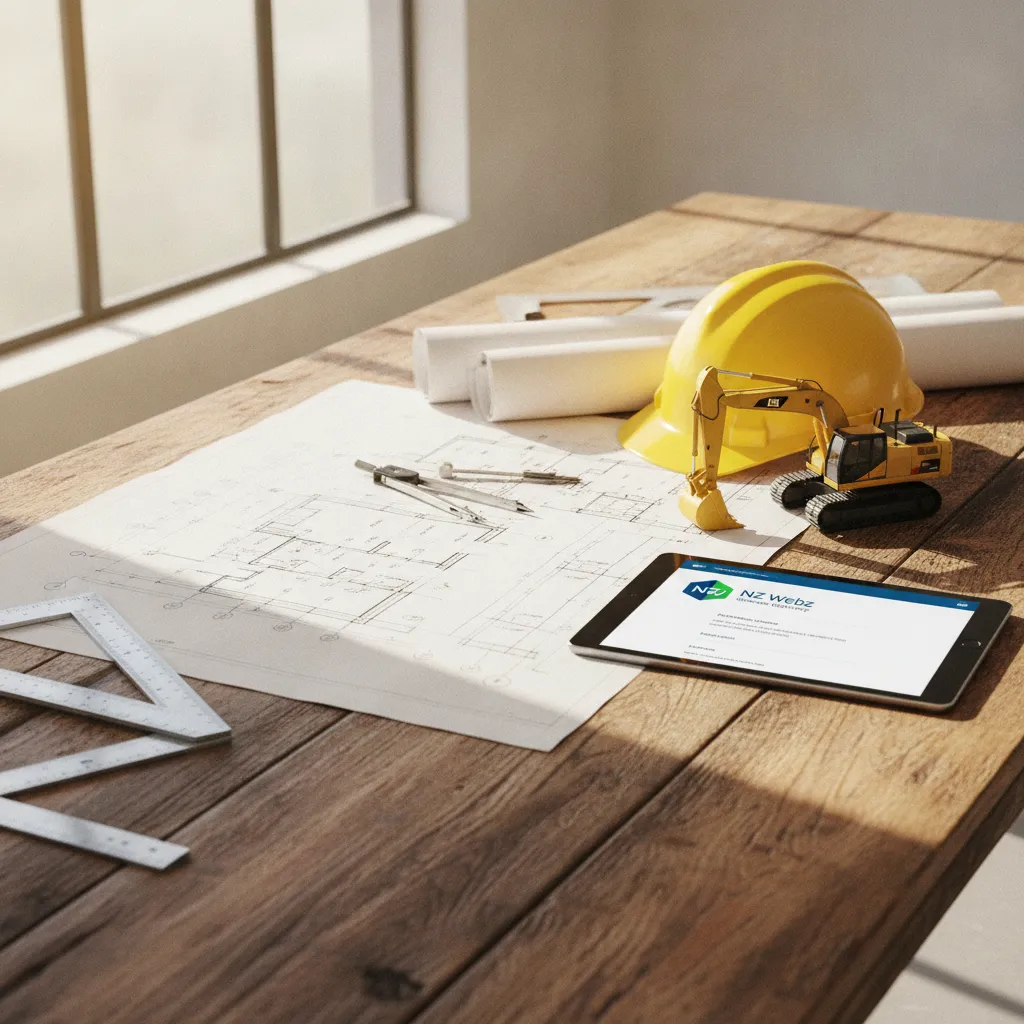 Architectural blueprints and construction tools on a workbench, symbolizing Christchurch's commercial growth
