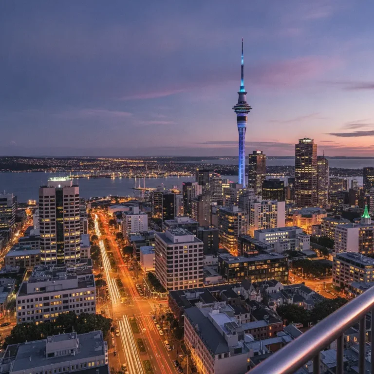 Auckland CBD skyline featuring the Sky Tower and Waitemata Harbour