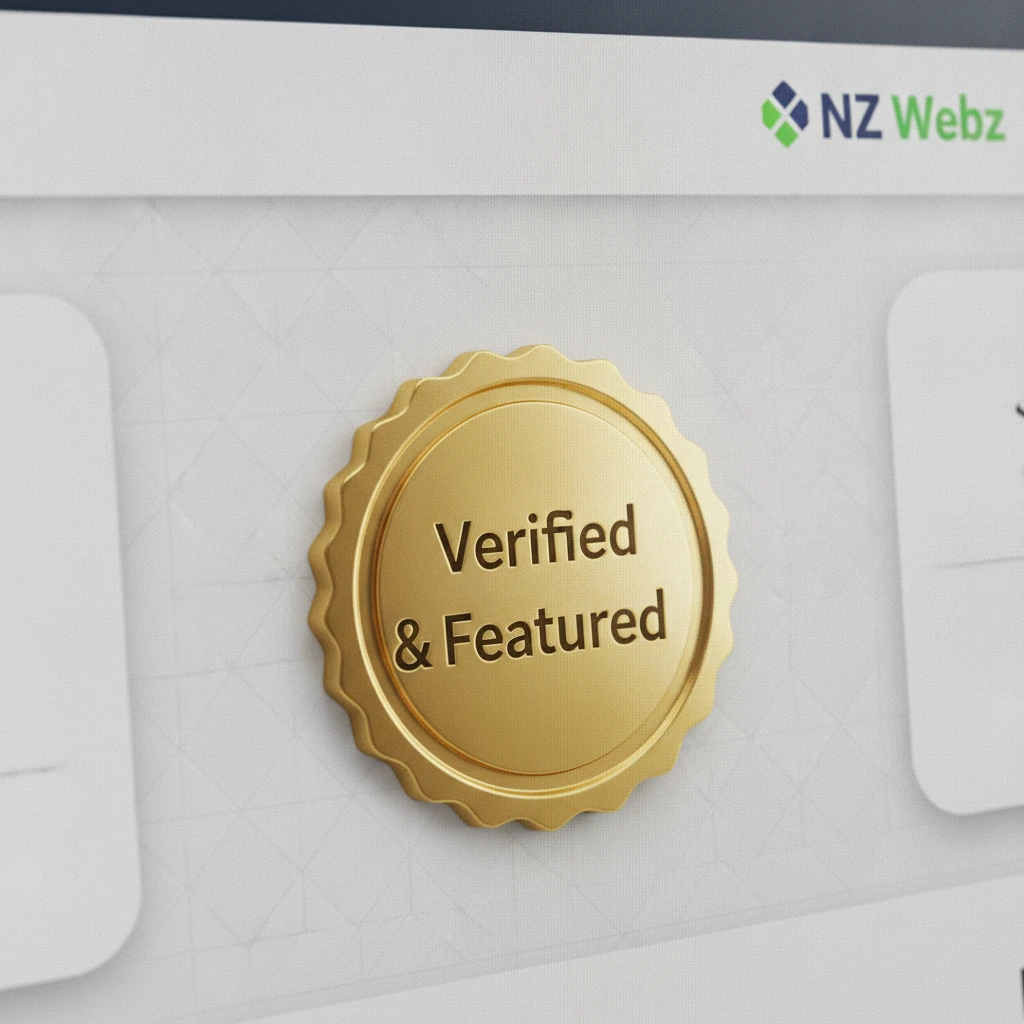 Close up macro shot of a gold featured business verification seal on a website interface
