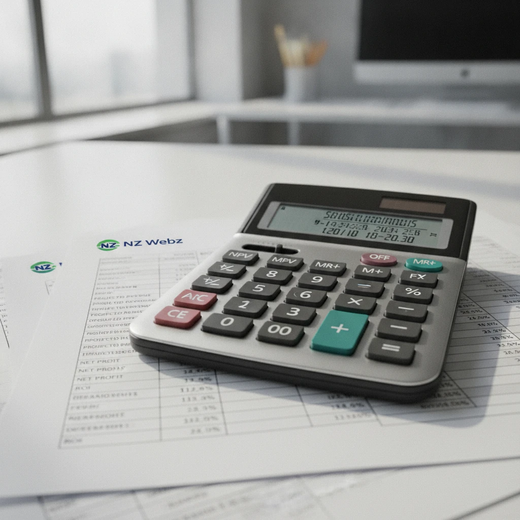 Close up of a financial calculator and printed business reports showing ROI percentages