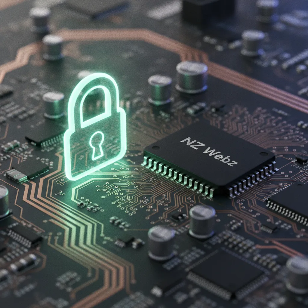 Close up of a glowing digital padlock on a motherboard representing digital security and verified trust signals