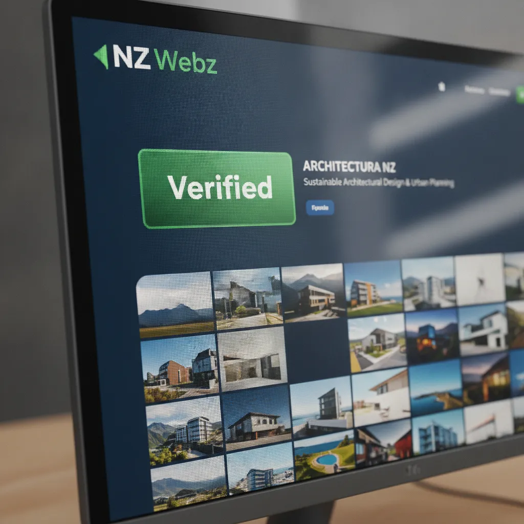 Close up of a premium business profile interface showing a verified badge and an image gallery