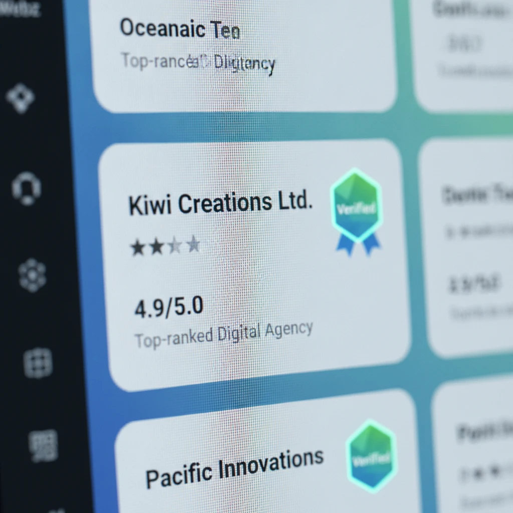 Close up of a premium verified business badge on a digital directory interface