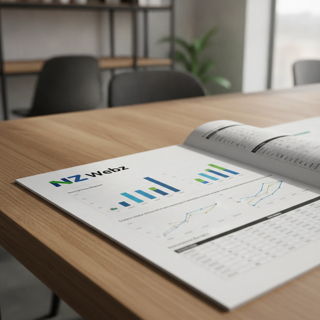 Close-up of a printed white-label SEO strategy report with colorful data charts on a desk