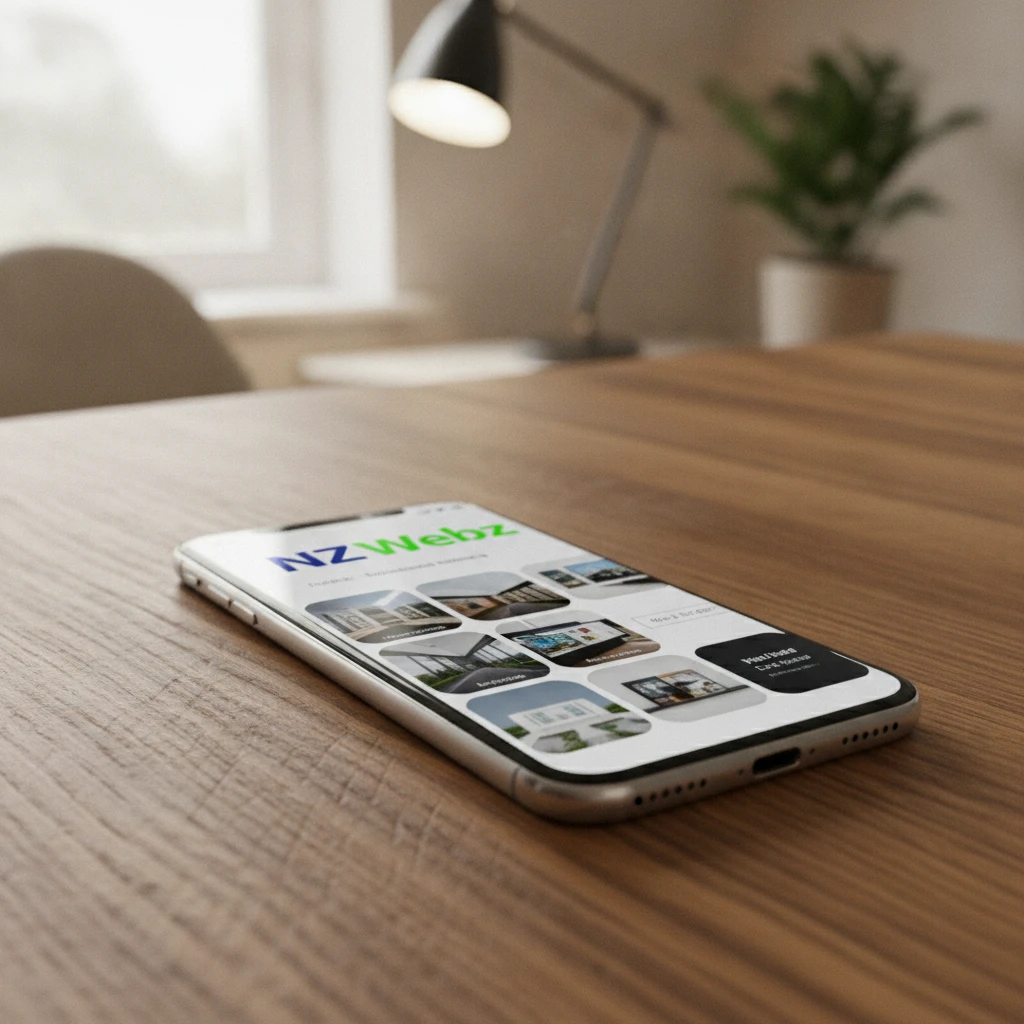 Close up of a smartphone displaying a premium business profile with a structured media gallery