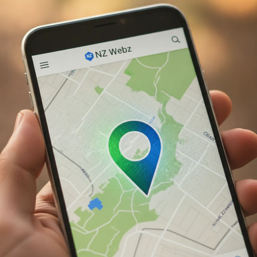 Close-up of a smartphone screen showing a featured business listing and map pin in New Zealand