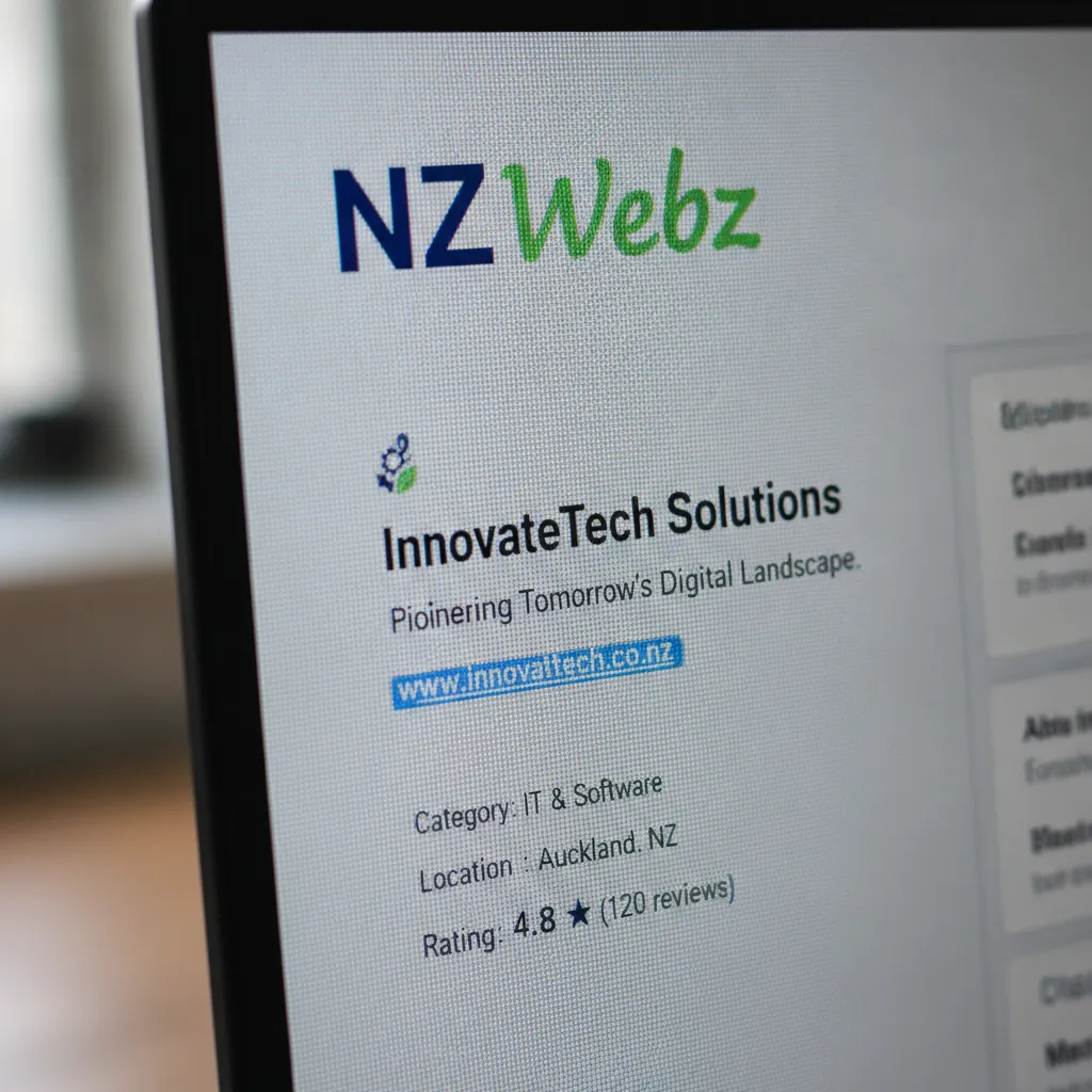 Close-up of a standard website listing displayed on a glowing computer monitor