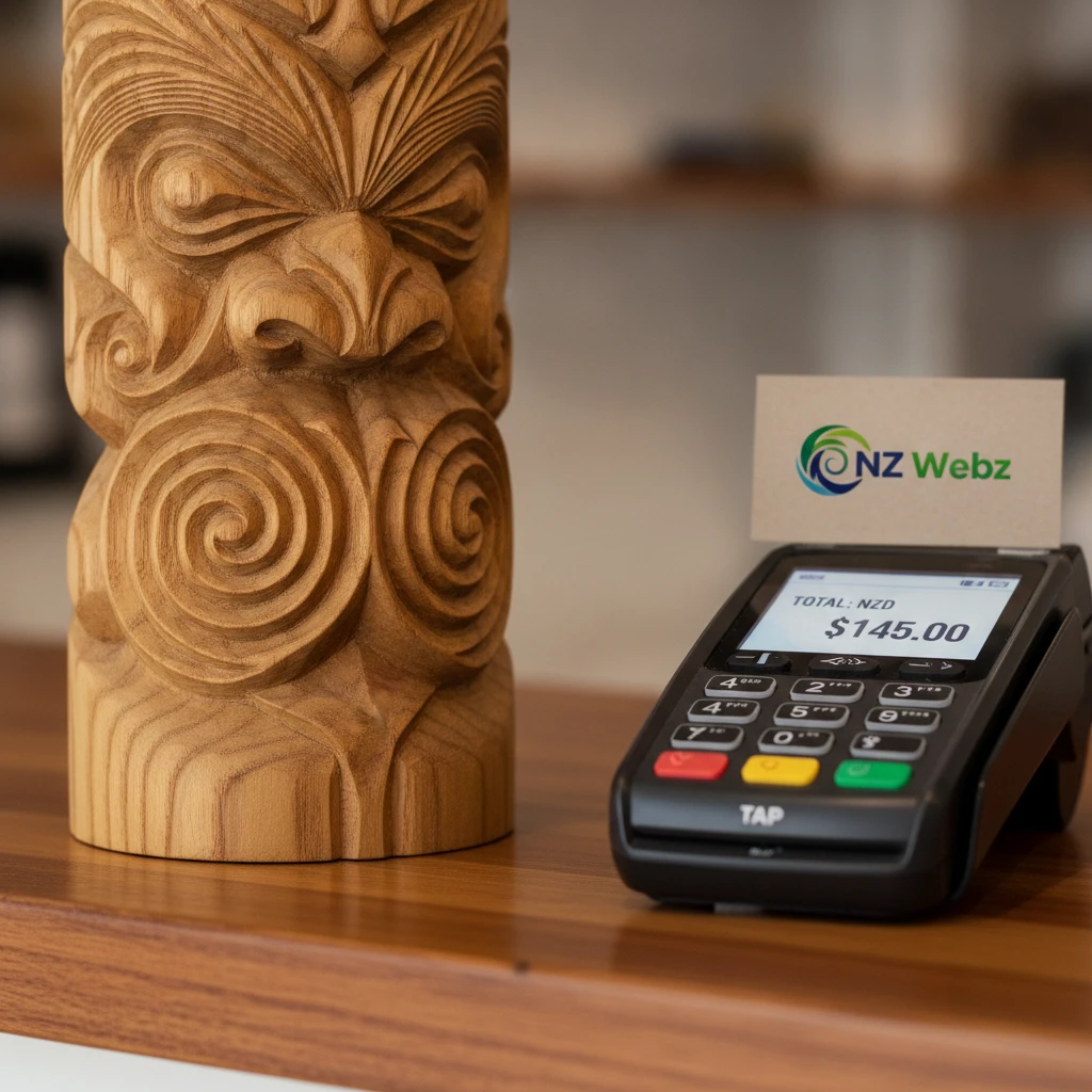Close-up of a traditional wood carving and a payment terminal, symbolizing local commerce and multicultural business in South Auckland