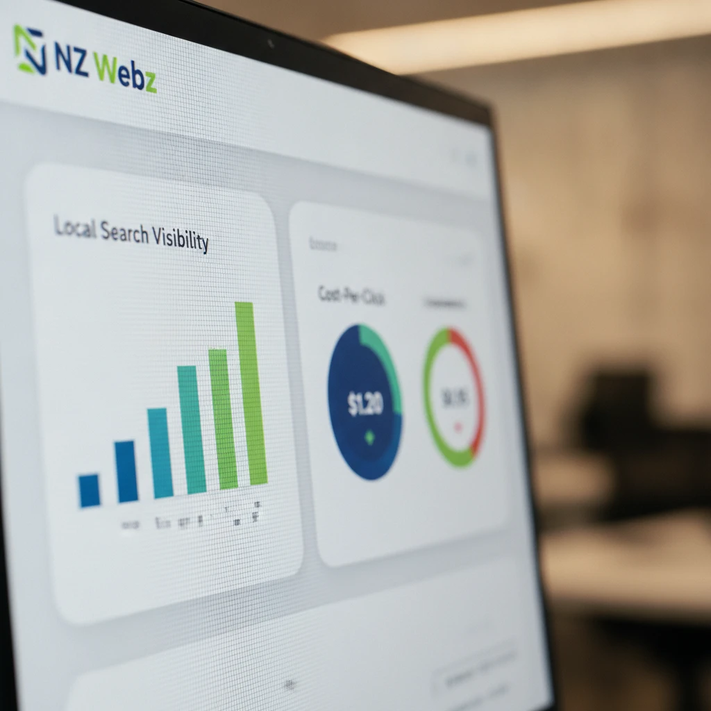 Close up of an analytics dashboard showing local search visibility metrics and charts