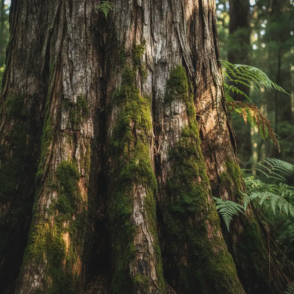 Close-up of an ancient Kahikatea tree trunk in a native New Zealand forest