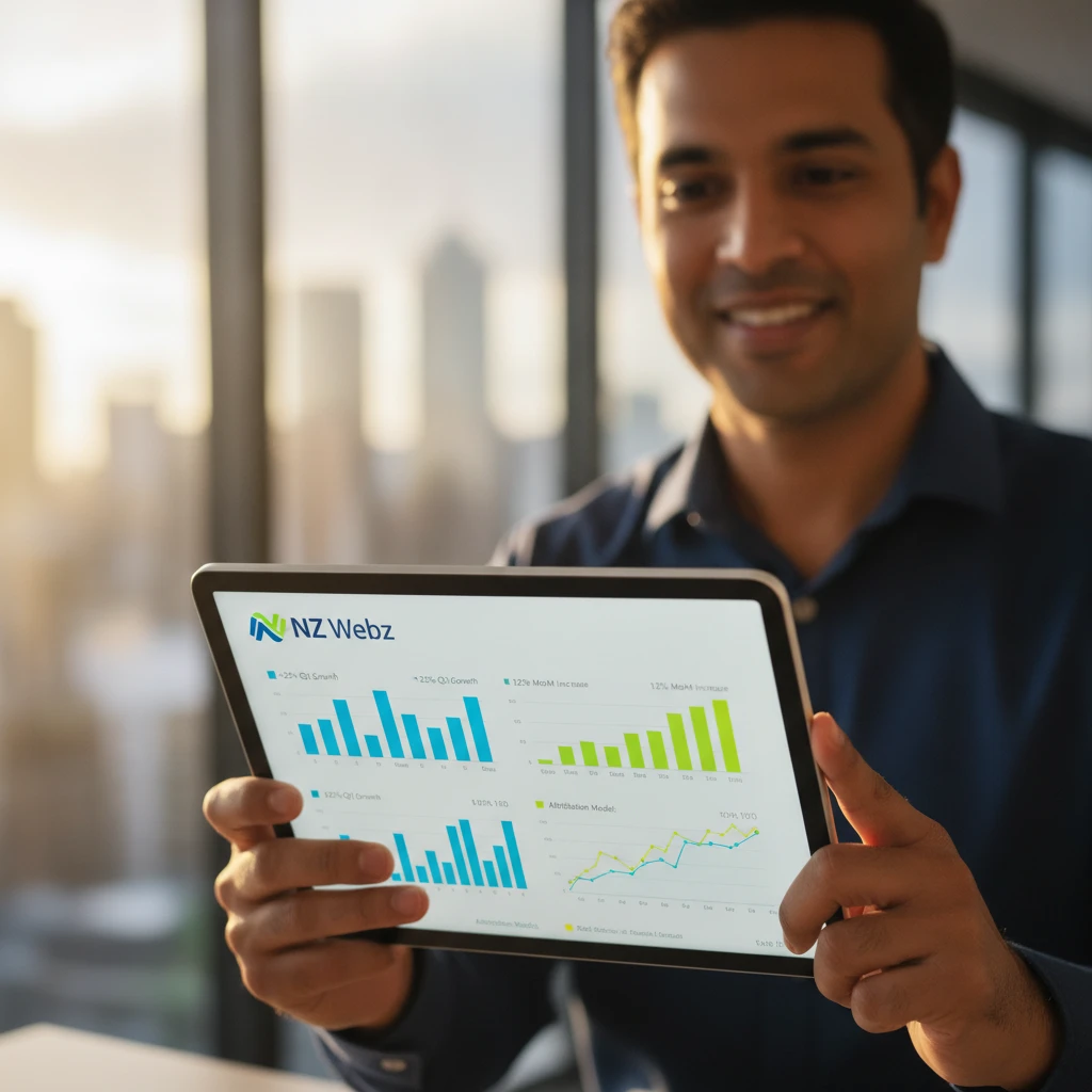 Close up of an ROI dashboard showing financial analytics and graphs on a tablet screen