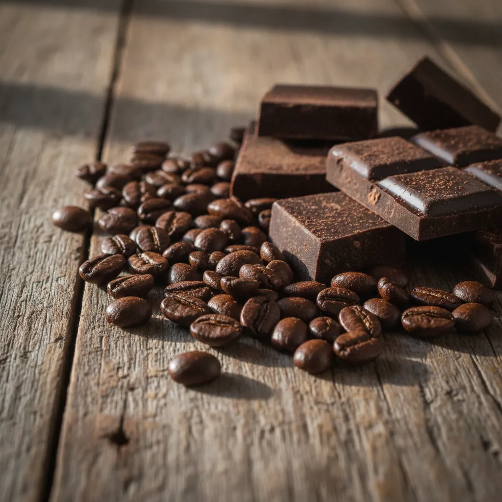 Close up of artisan chocolate and roasted coffee beans representing local manufacturing