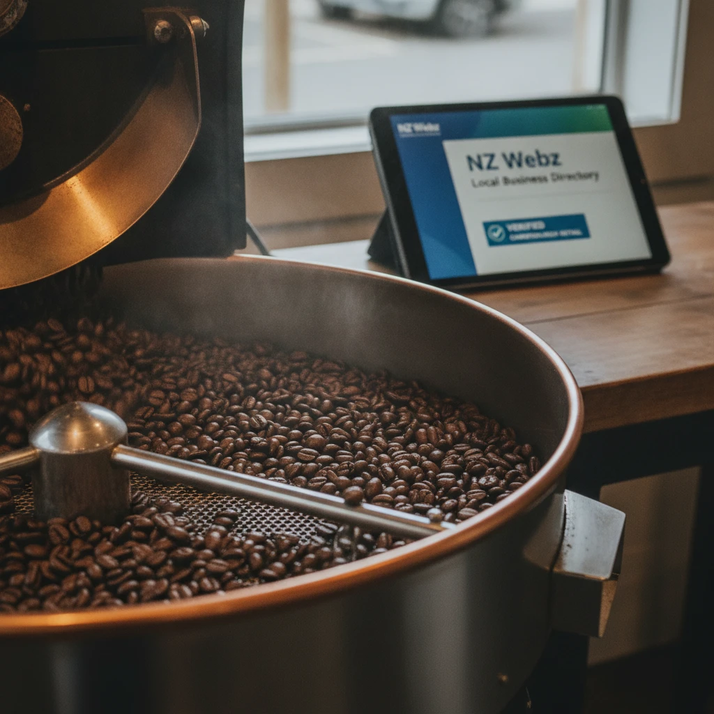 Close up of freshly roasted coffee beans in an artisan roaster, highlighting Christchurch's vibrant local retail scene