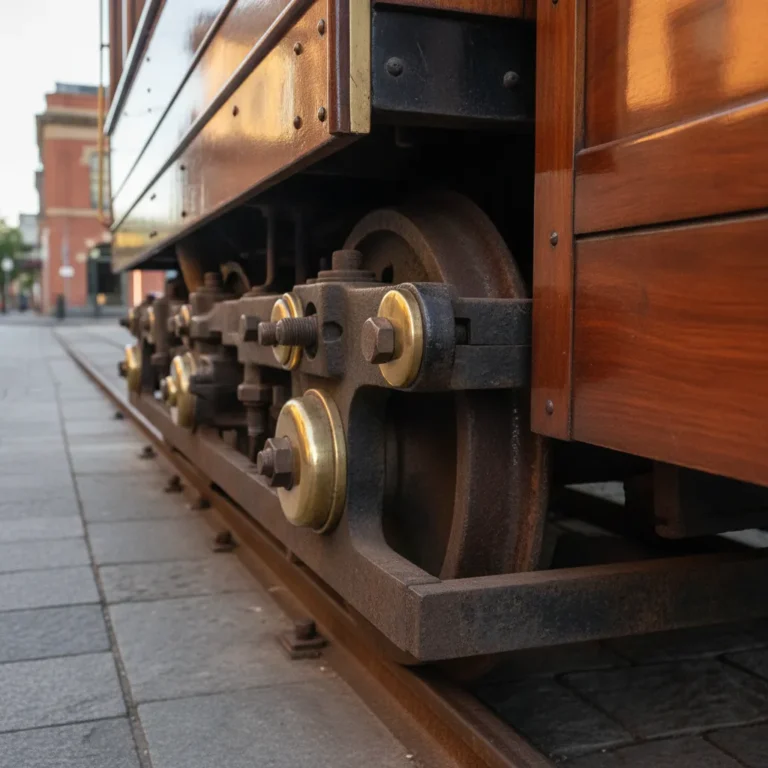 Close-up of historic tramway wheel and tracks in Christchurch Central