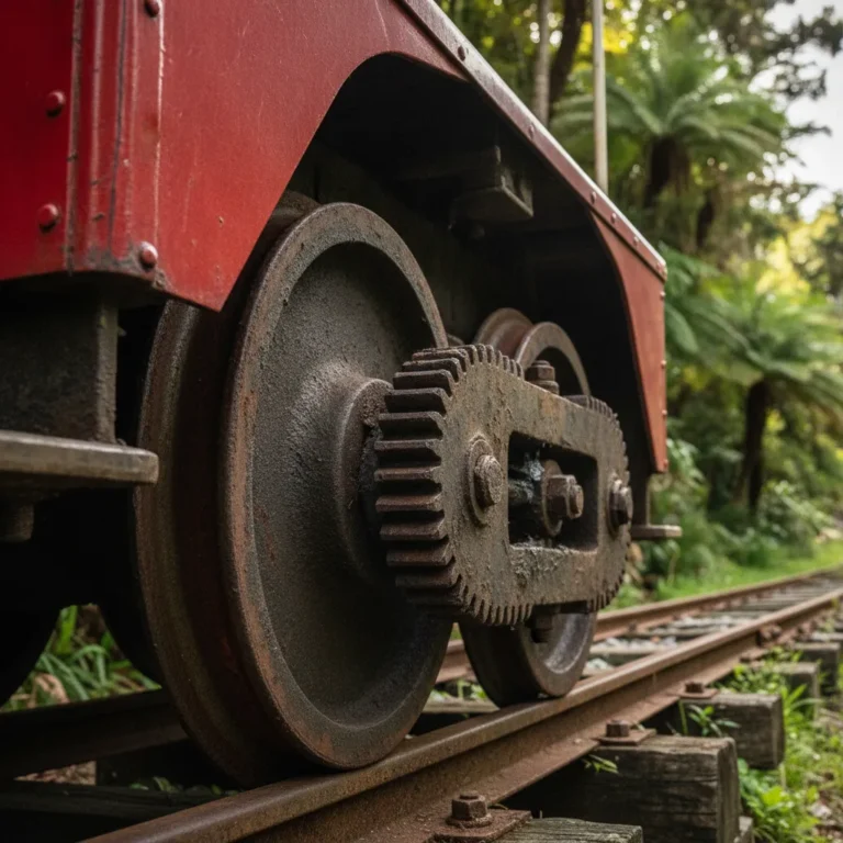 Close up of the historic Wellington Cable Car track and wheel mechanism