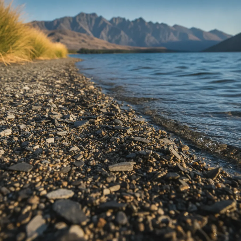 Close up view of the gravel surface on the Frankton Track next to Lake Wakatipu