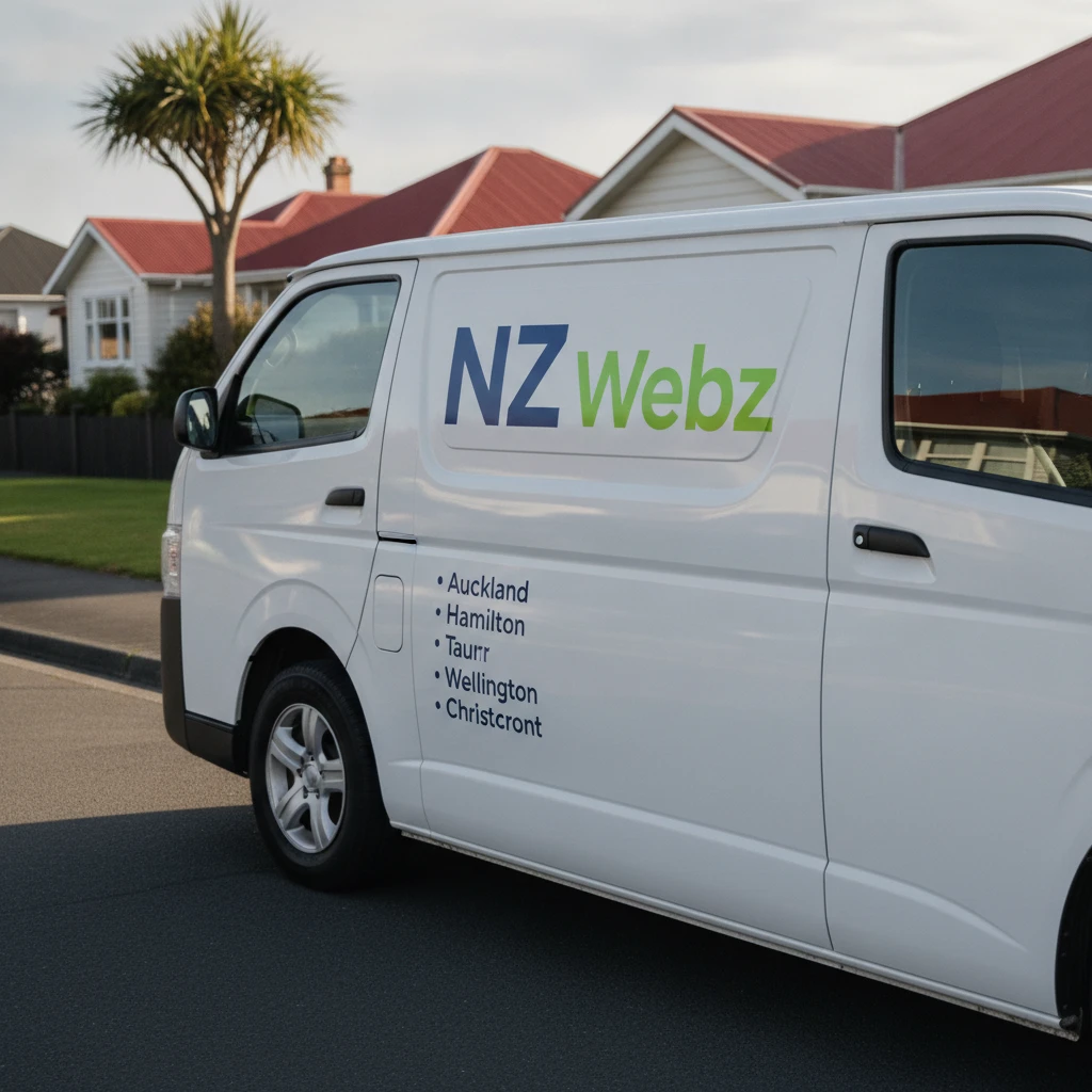 Commercial service van displaying local New Zealand service areas on its side panel