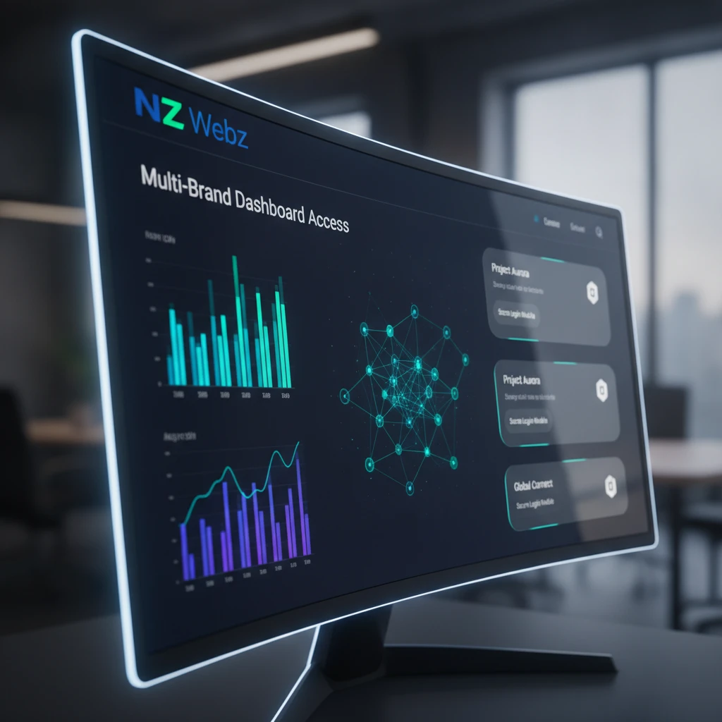 Detailed close-up of a multi-brand dashboard access interface showing analytics and data nodes