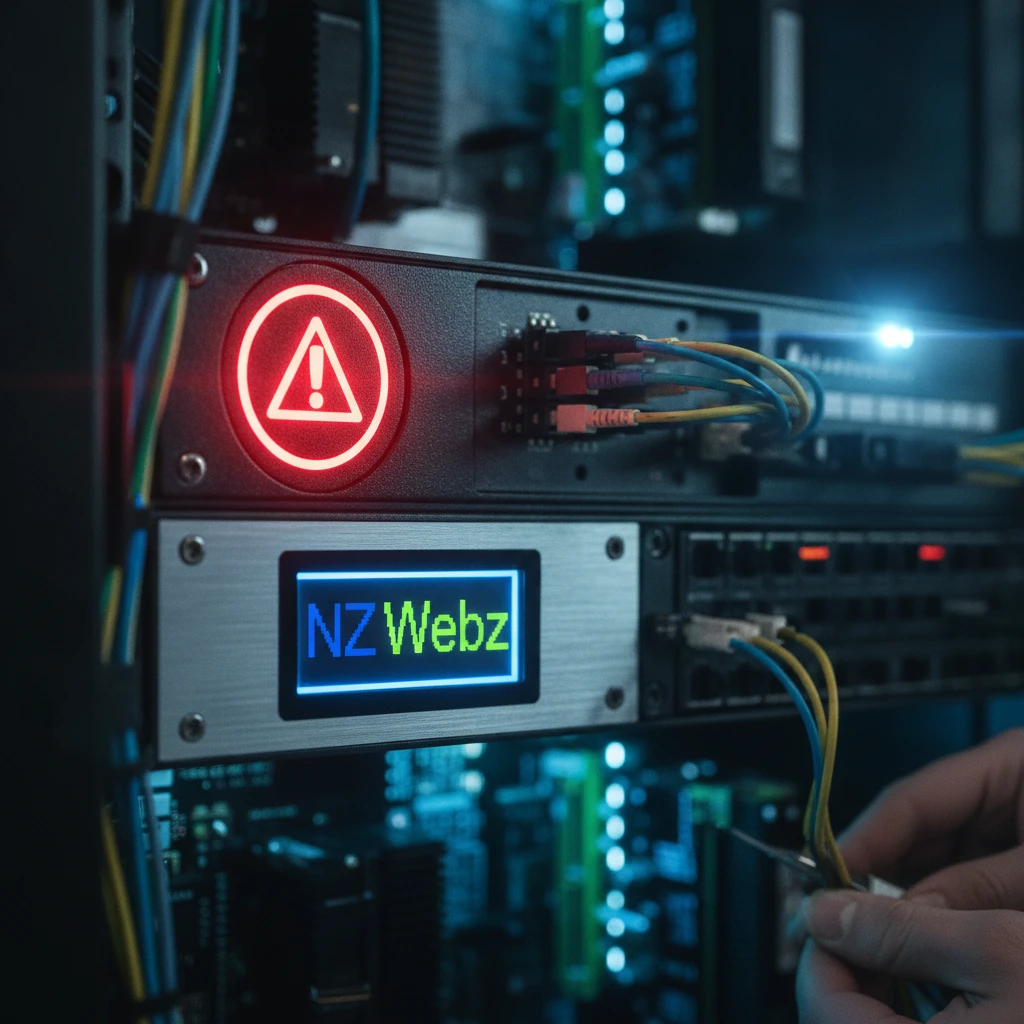 Digital web spam warning on a server rack