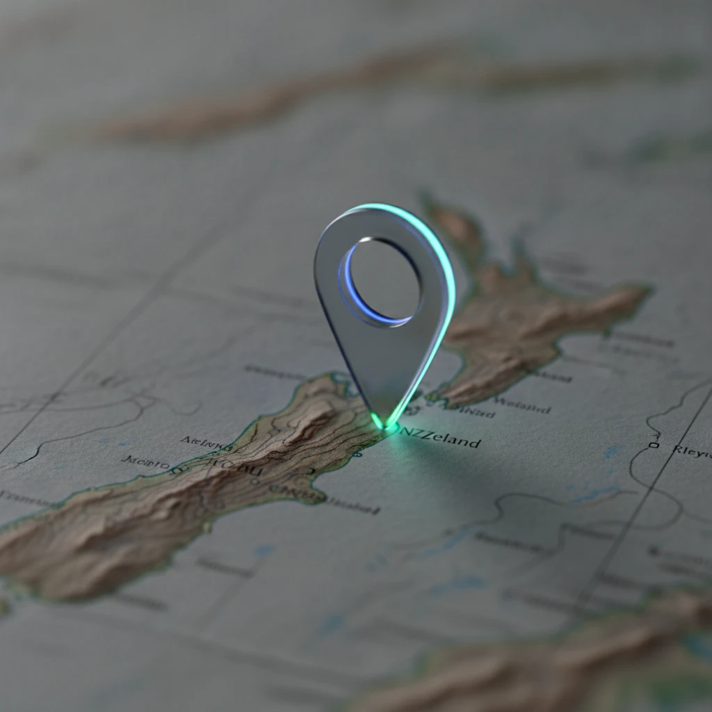 Glowing digital map pin highlighting a specific New Zealand region on a detailed topographical map