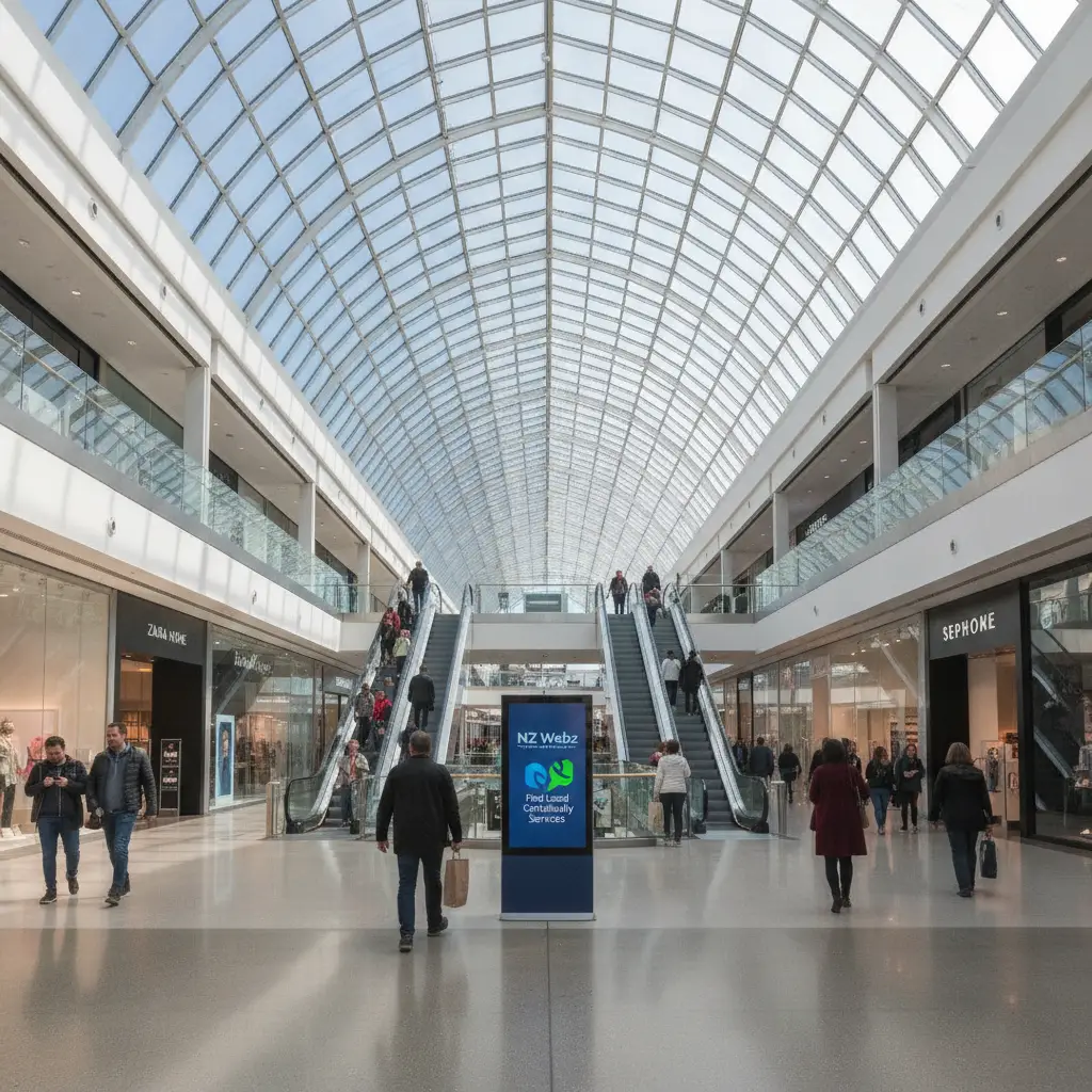 Interior view of a modern multi-level shopping mall with glass facades
