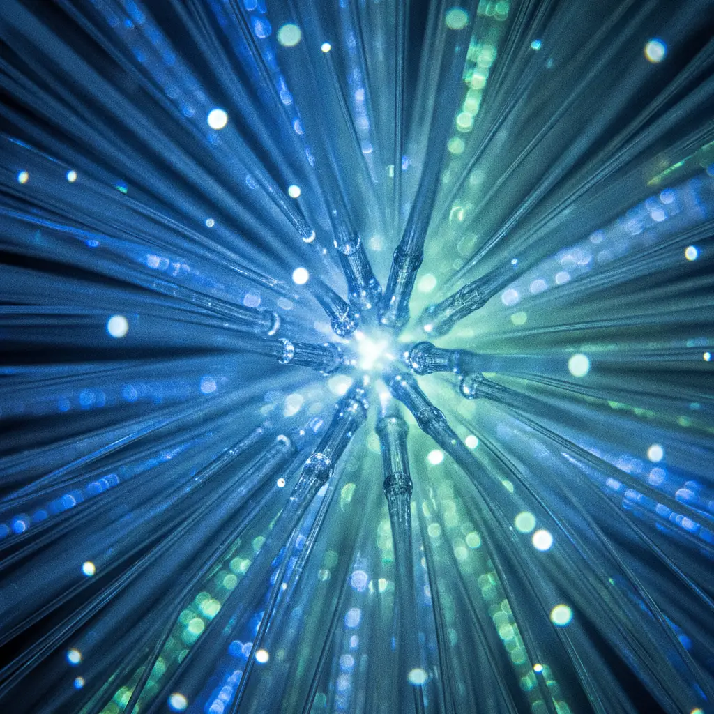 Macro close up of glowing fiber optic cables representing digital web discovery and network connections