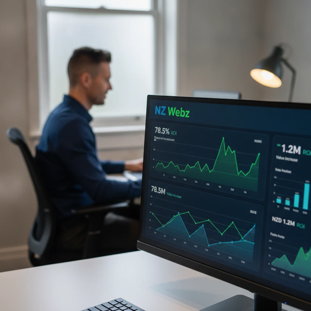 Macro shot of a computer screen showing a detailed value assessment dashboard with glowing graphs and metrics