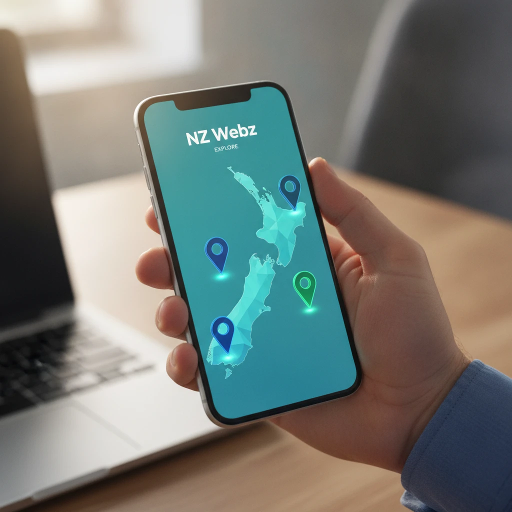 Macro shot of a smartphone displaying local business search results and location pins in New Zealand