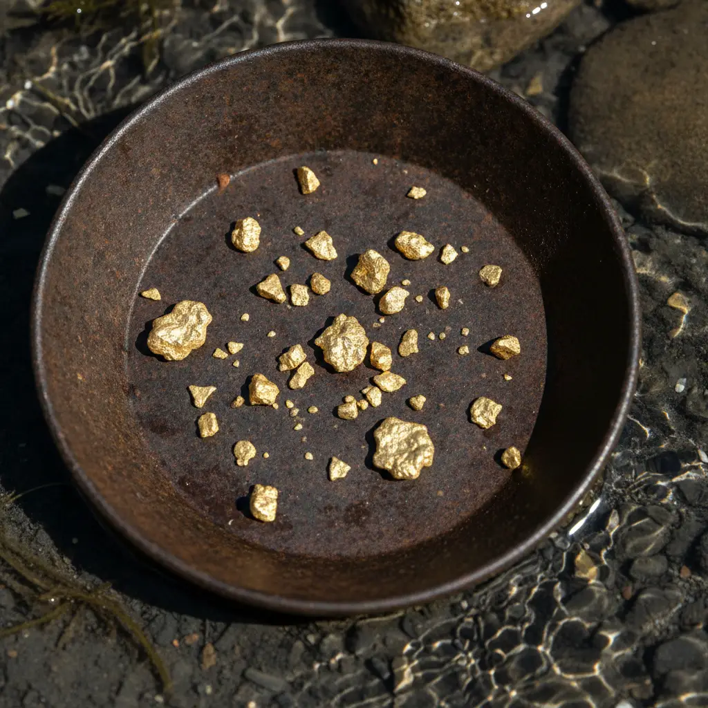 Macro shot of raw gold flakes in a panning dish in the Arrow River