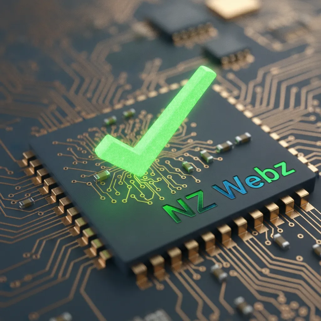 Macro view of a digital verification checkmark on a microchip representing strict platform security