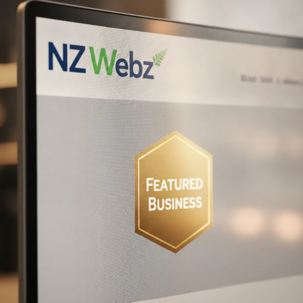 Macro view of a featured business badge on a digital screen