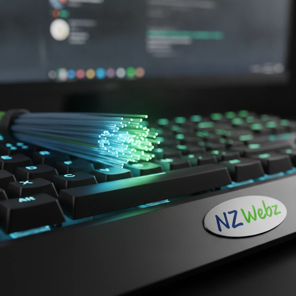 Macro view of a fiber optic cable on a keyboard symbolizing digital business connectivity in New Zealand