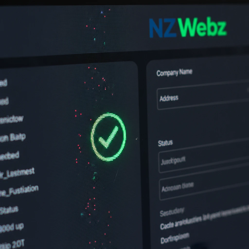 Macro view of a verified digital business profile and green checkmark on a computer screen
