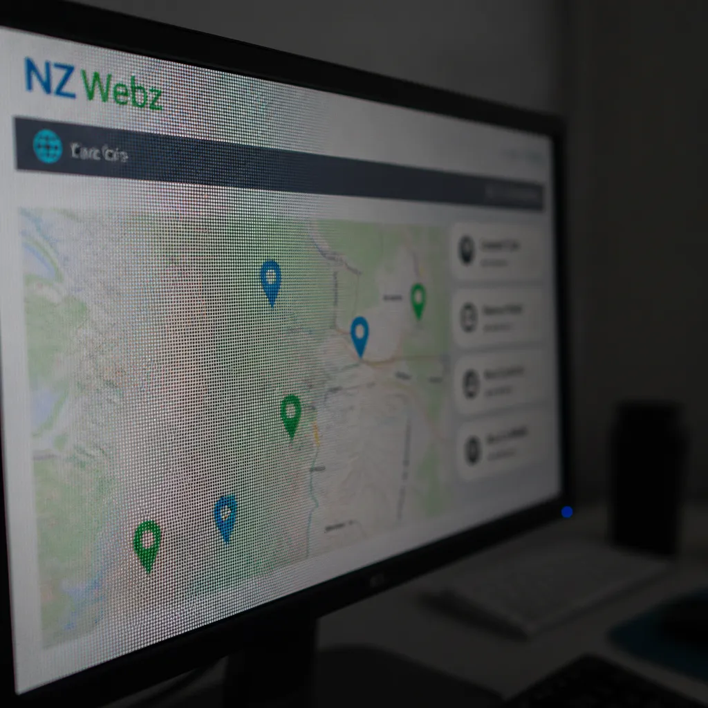 Macro view of local business listing data and mapping on a computer monitor