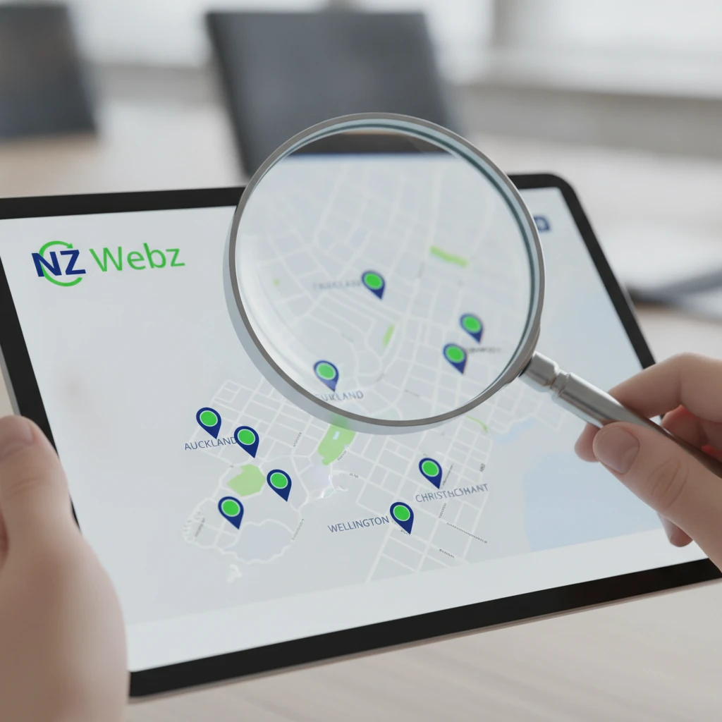 Magnifying glass over a digital map of New Zealand representing local business discovery