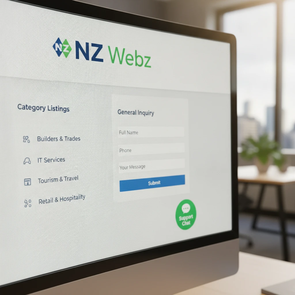 NZ Webz digital directory interface showing structured business categories and support features