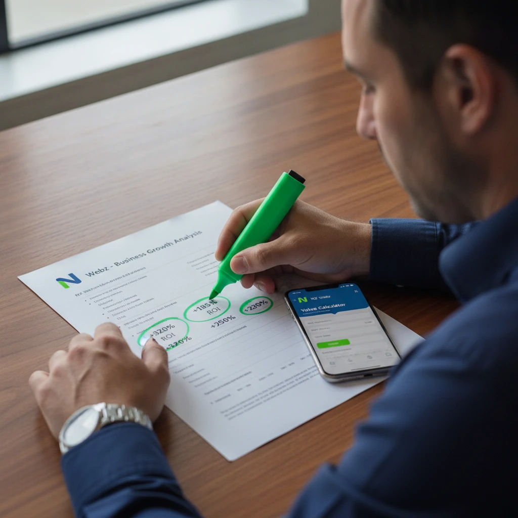 Printed business case document showing ROI metrics next to a smartphone value calculator
