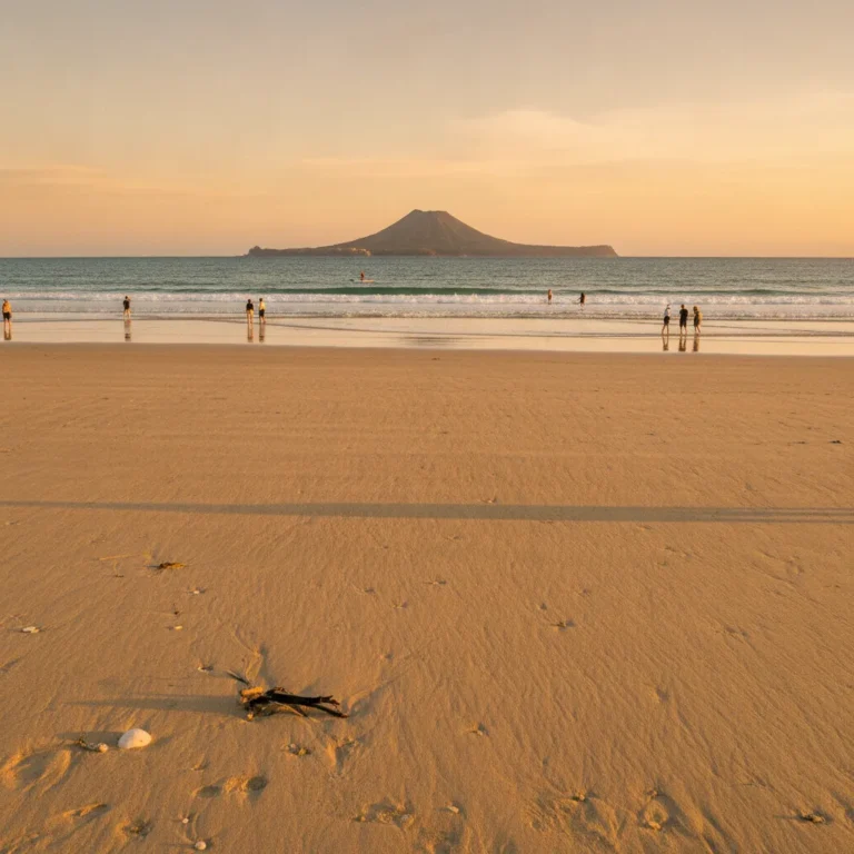 Scenic view of Takapuna Beach on the North Shore showing golden sands and Rangitoto Island
