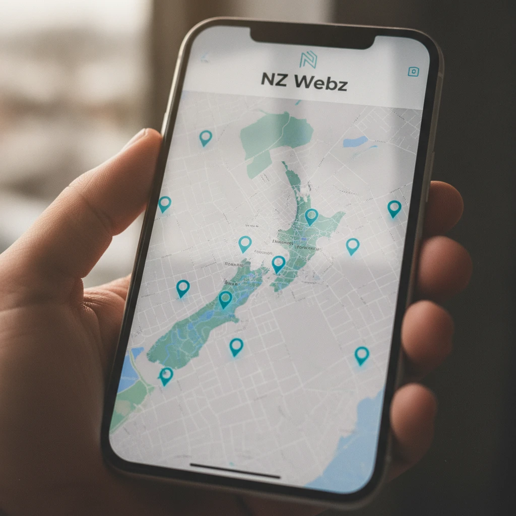 Smartphone displaying localized Auckland business map with glowing pins